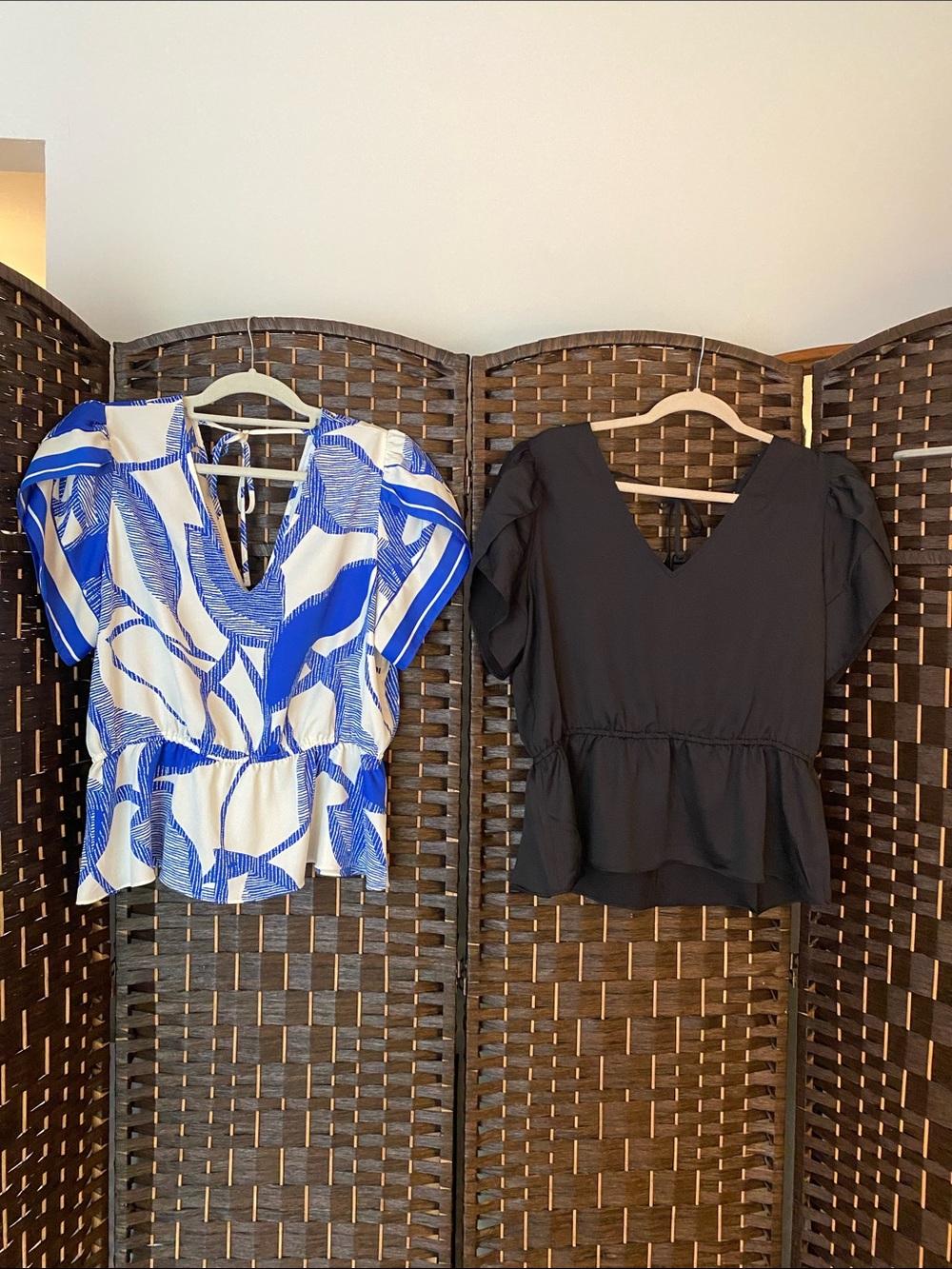 Set of 2 Nine West Blue & White Printed & Black Peplum Blouses - Size Large